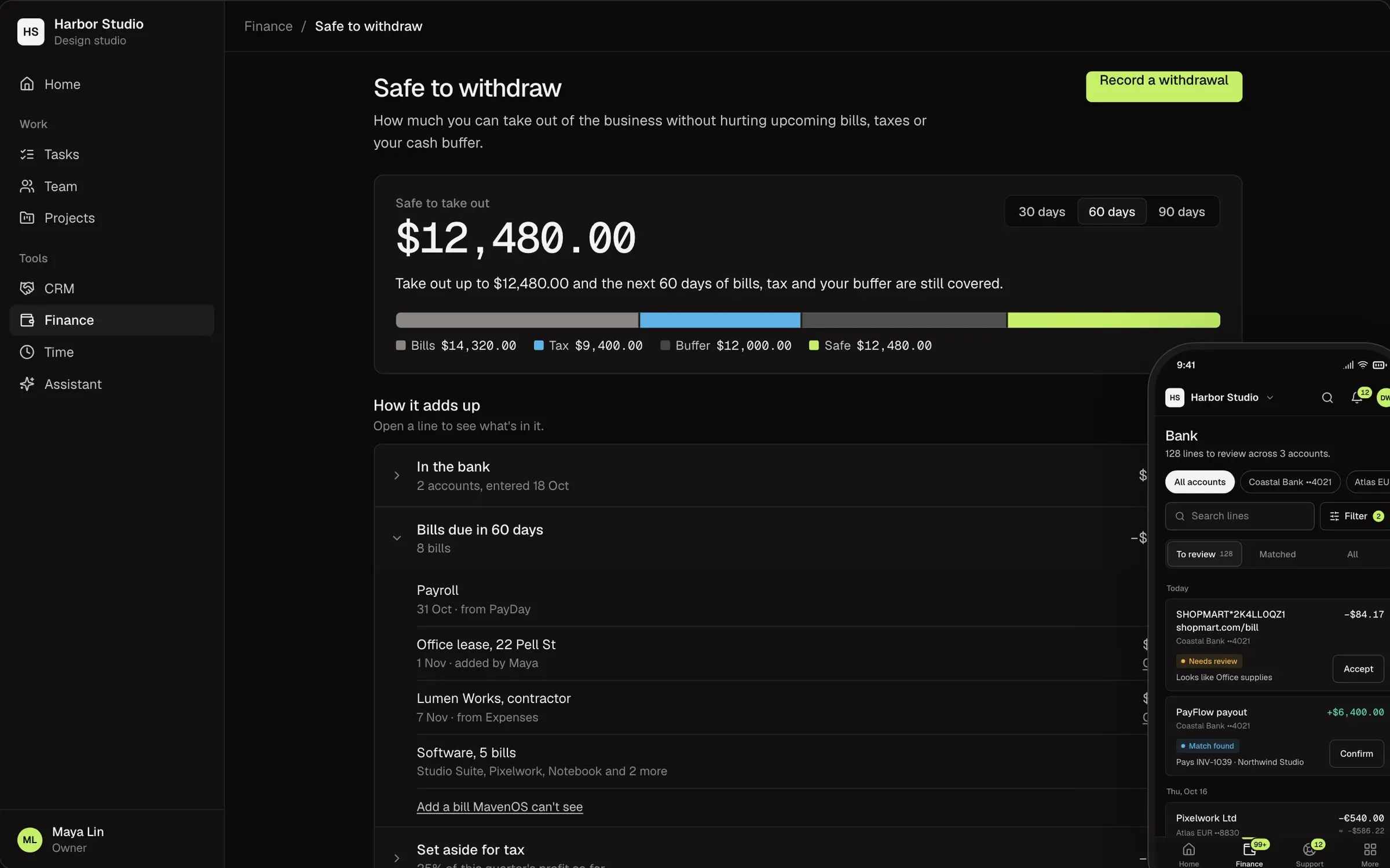 The Safe to Withdraw page: one number for what can be taken out this month, with the bills, taxes and cash buffer held back, on a desktop