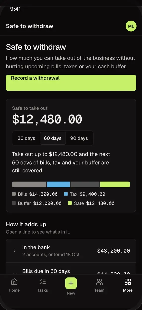 The Safe to Withdraw page: one number for what can be taken out this month, with the bills, taxes and cash buffer held back, on a phone