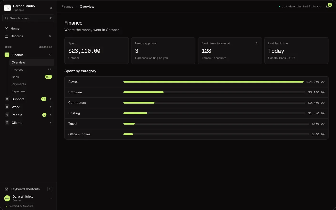 The Finance overview: money spent this month, split by category, on a desktop