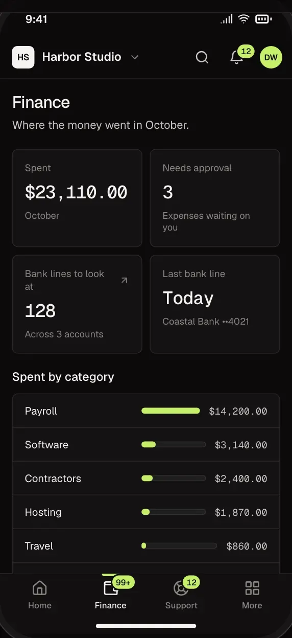 The Finance overview: money spent this month, split by category, on a desktop