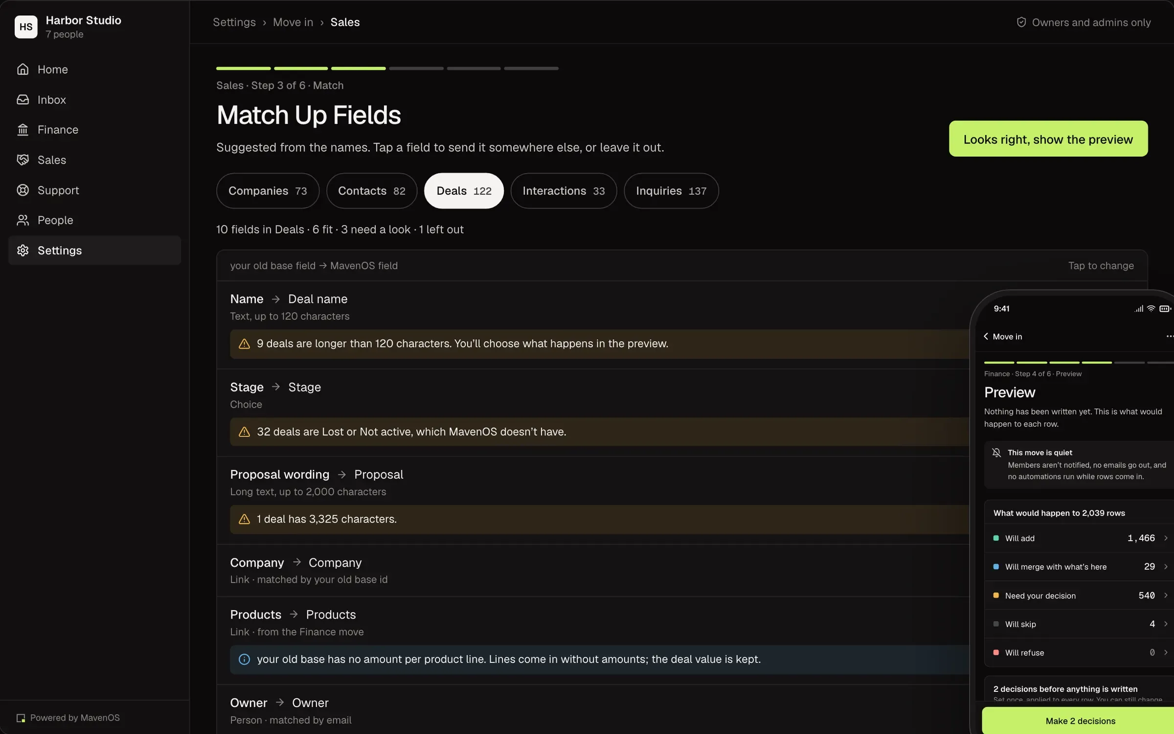 Move In, the match step: each field matched to where it will live, on a desktop