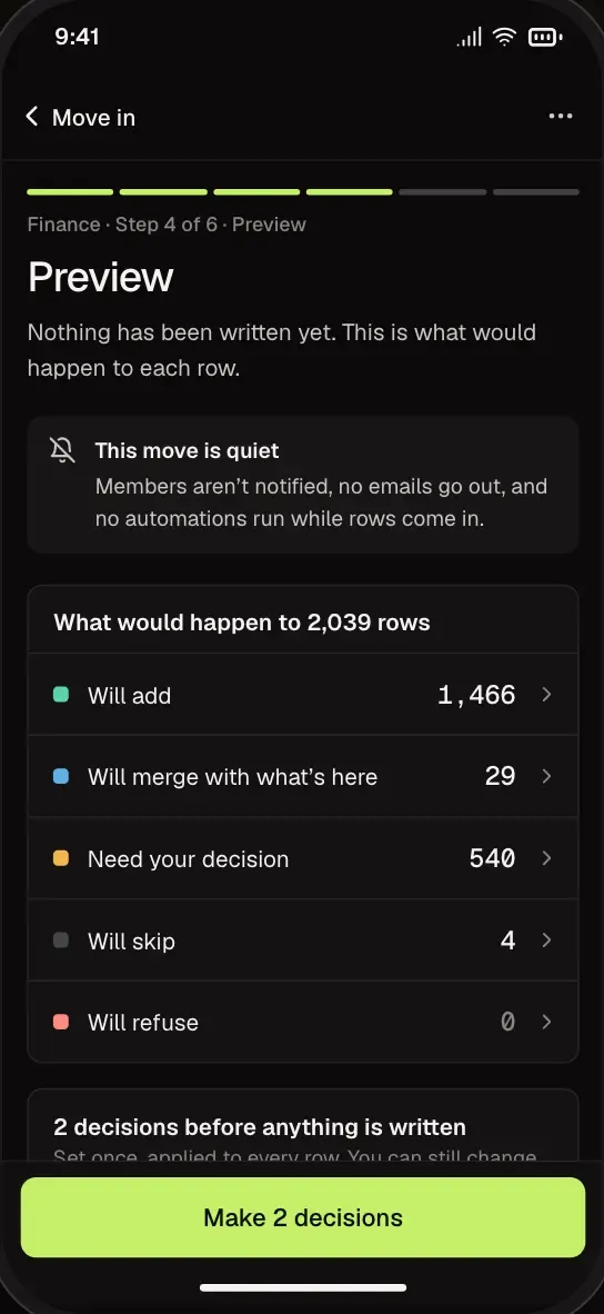 Move In, the preview: every record shown before anything is written, on a phone