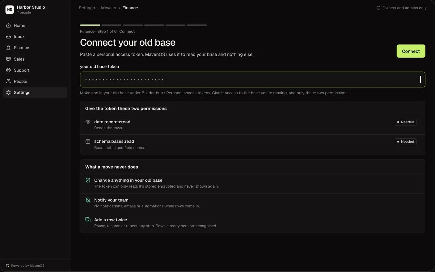 Move In, the connect step: read-only access to your old setup, on a desktop