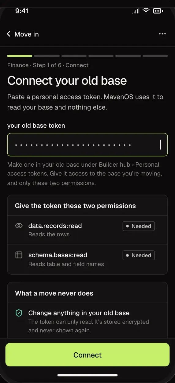 Move In, the connect step: read-only access to your old setup, on a desktop