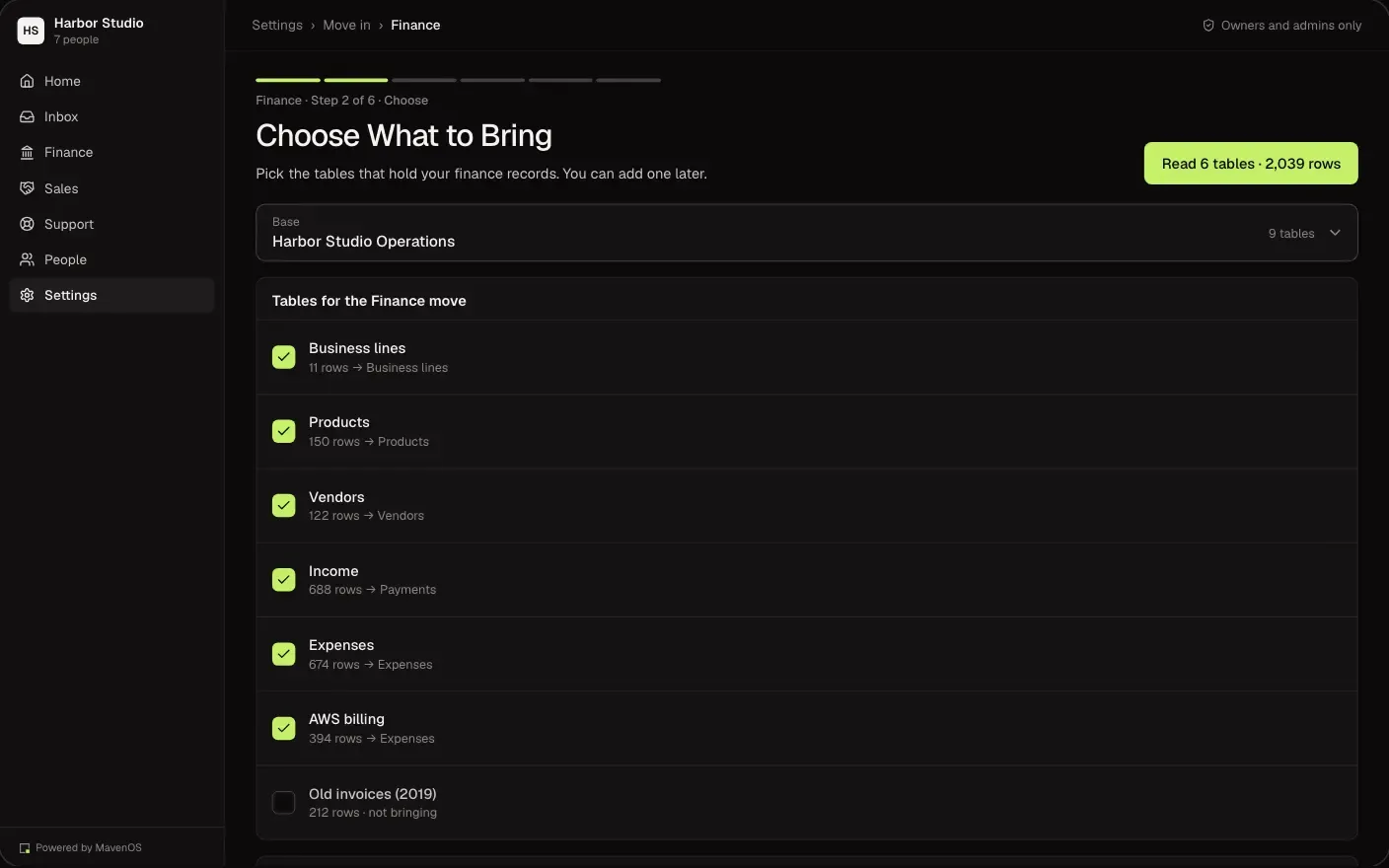 Move In, the match step: choosing which tables to bring over, on a desktop
