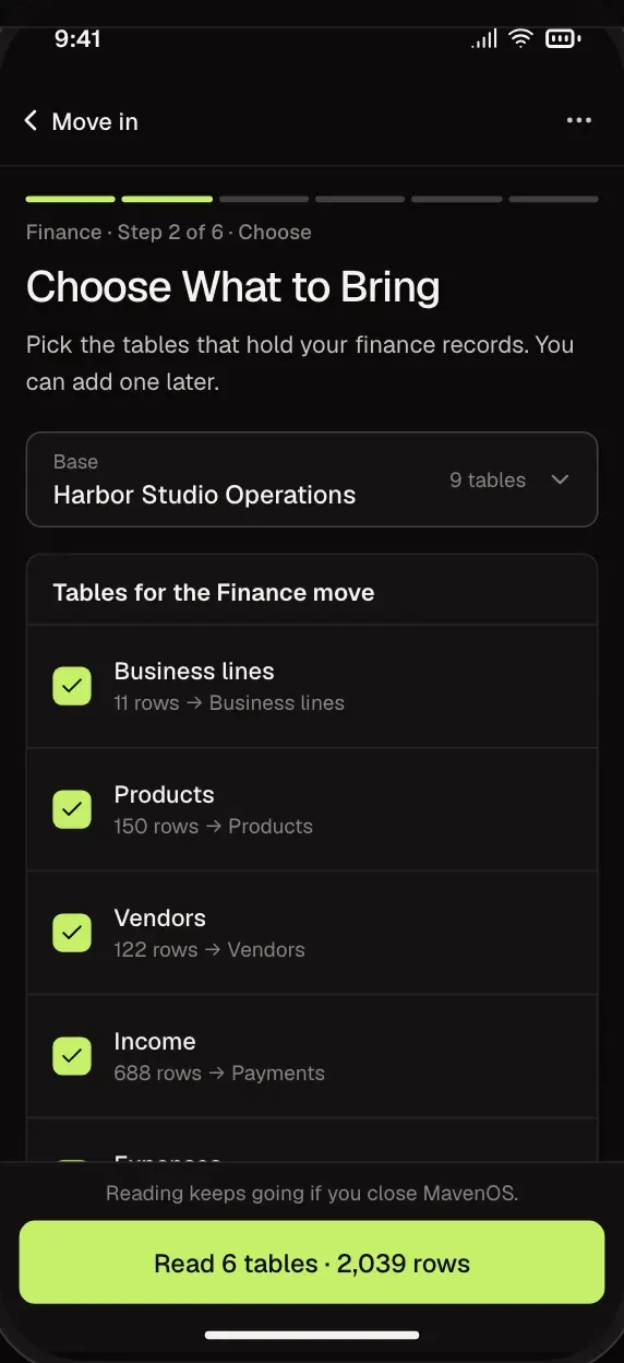 Move In, the match step: choosing which tables to bring over, on a desktop