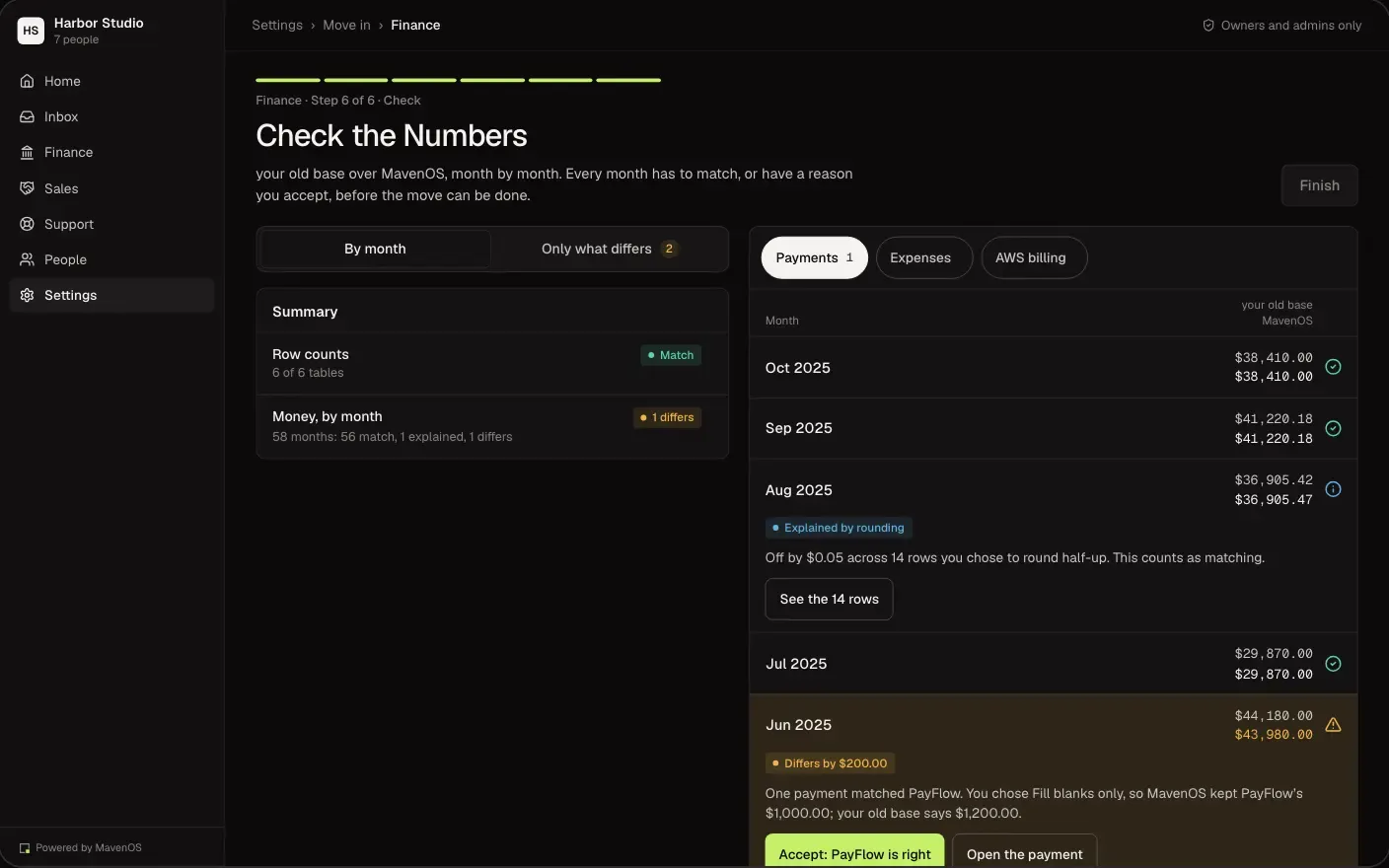 Move In, the check: old and new totals compared month by month, on a desktop