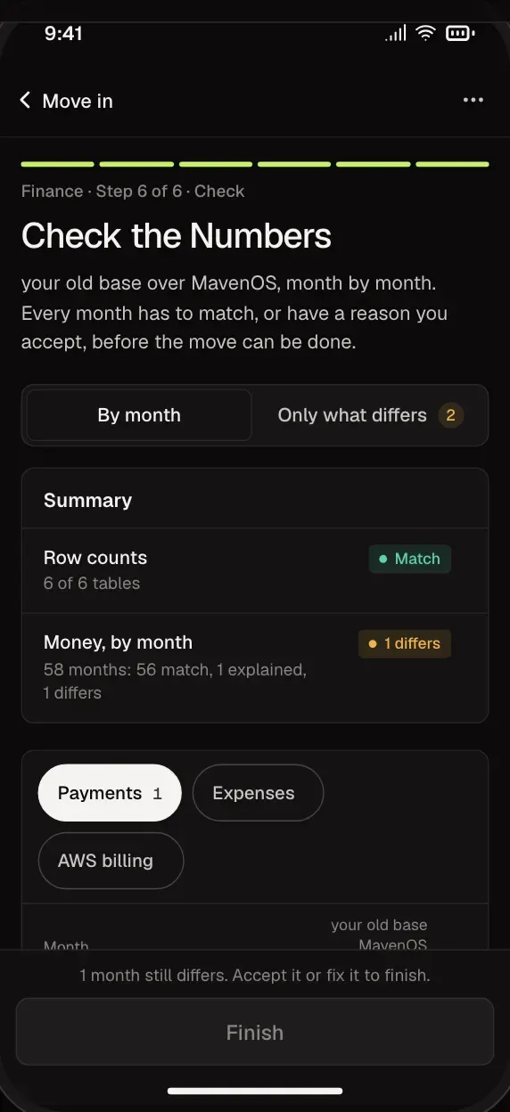 Move In, the check: old and new totals compared month by month, on a desktop