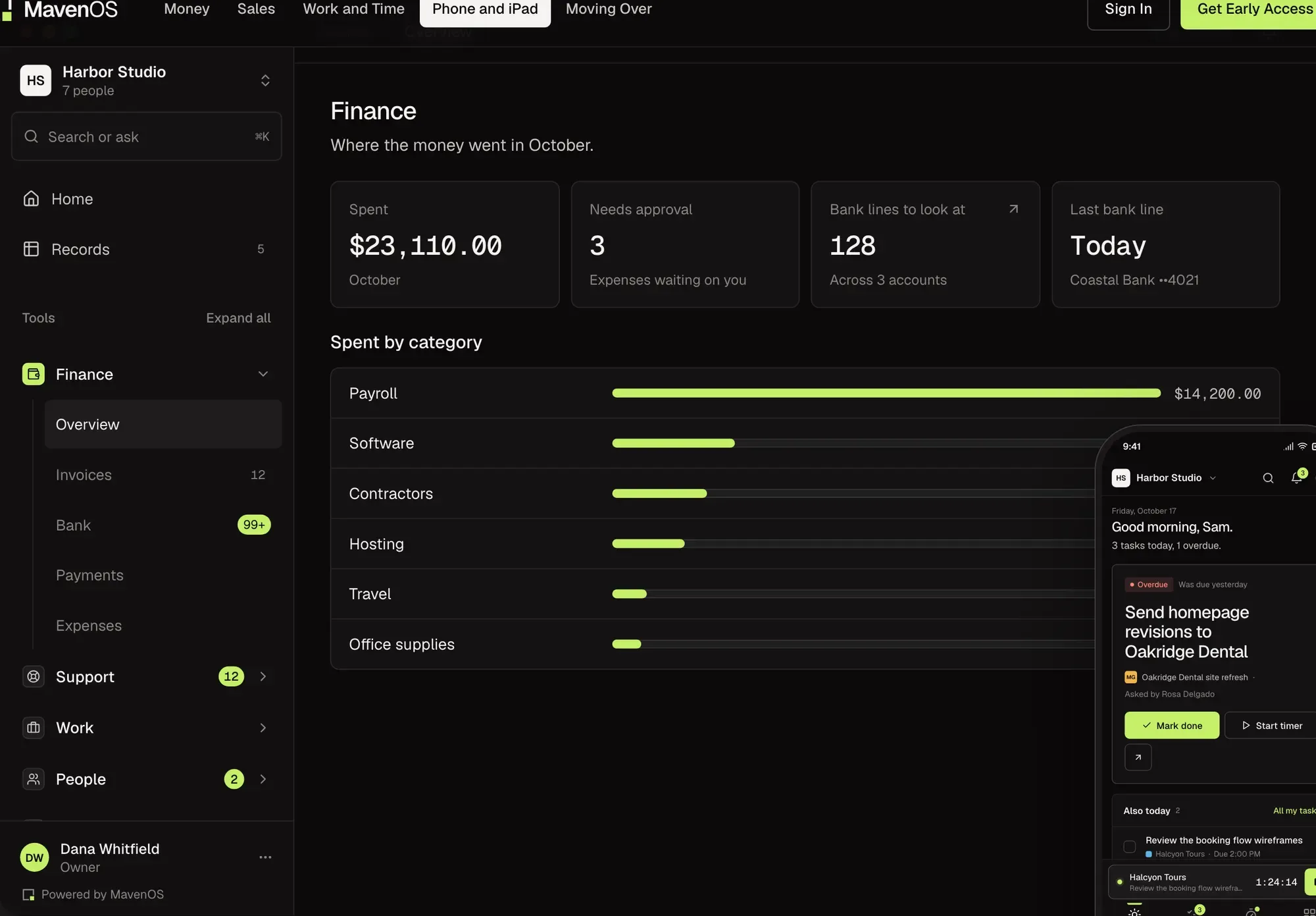 The Finance overview: money spent this month, split by category, on an iPad held sideways