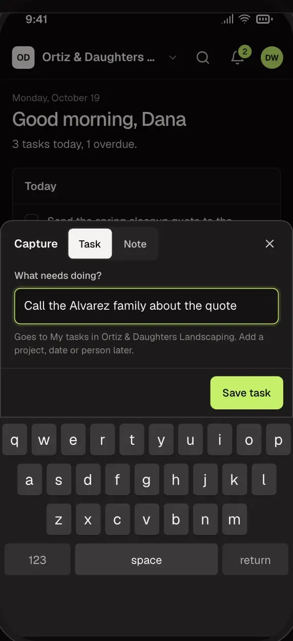 The capture sheet: a task or a note written down in one step, on a phone