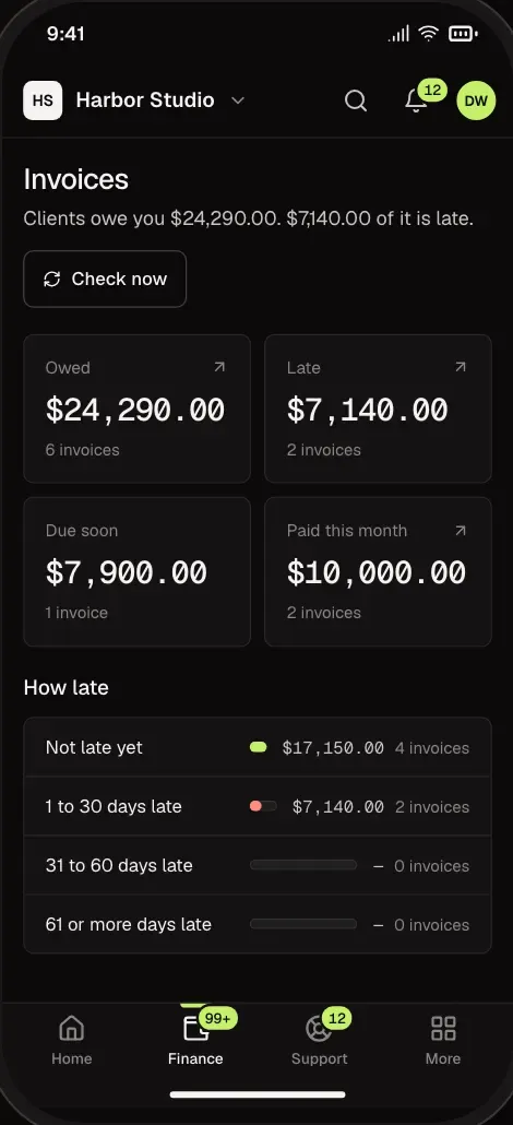 The invoice list, showing which invoices are late, due or paid, on a phone