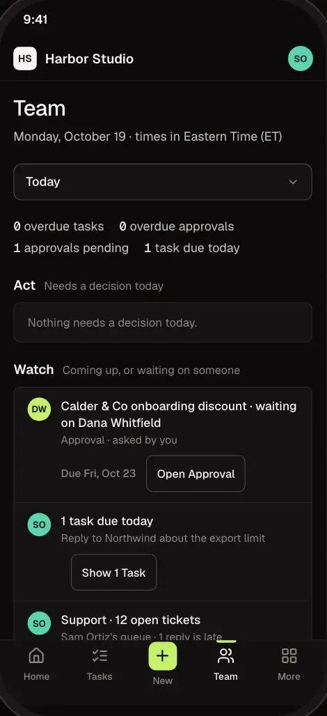 The Today view of tasks: what each person has due today, with the next step beside each task, on a phone