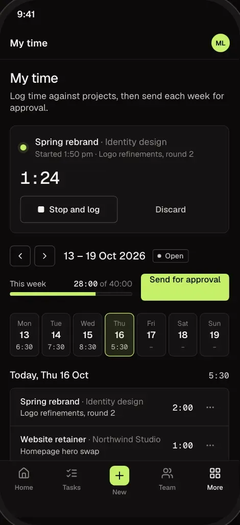 The weekly timesheet, with a timer and a grid of days, on a phone