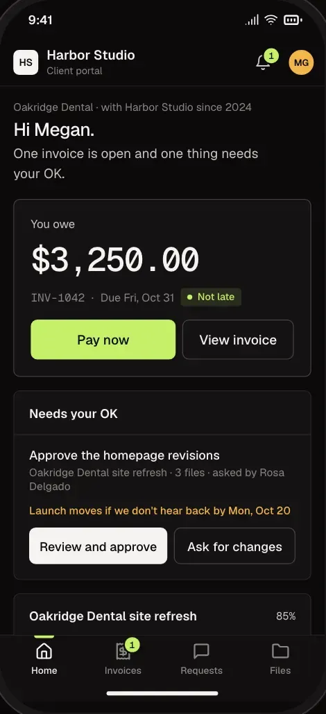 The client portal: a client's invoices and requests, on a phone