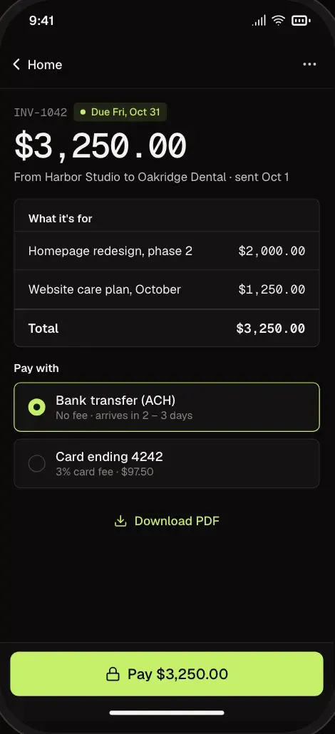 One invoice inside the client portal, on a phone