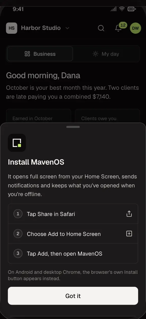 The sheet that adds MavenOS to a phone's home screen, on a phone