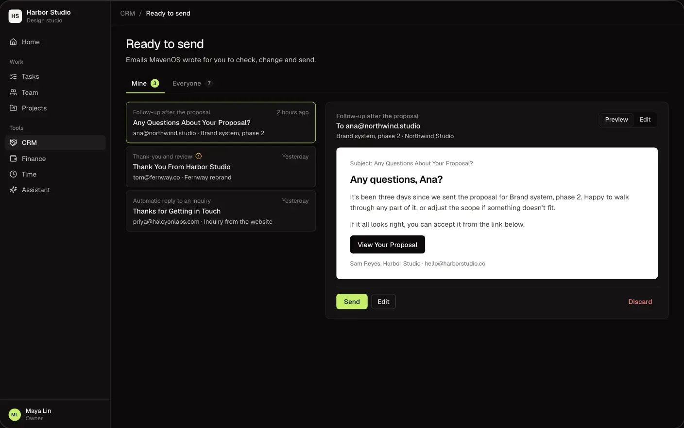The Ready to Send list: drafted emails waiting for a person to read and send them, on a desktop